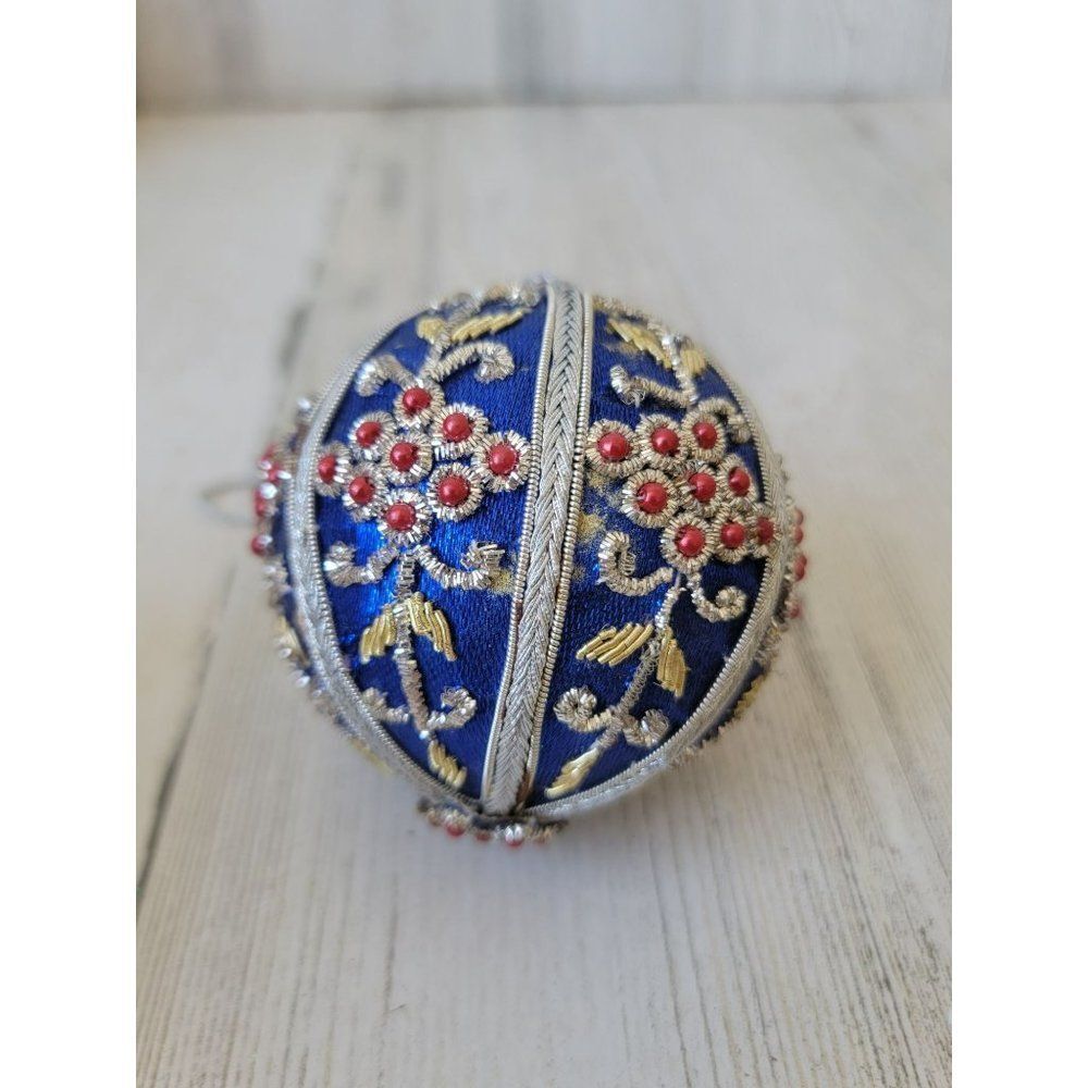 Pattern blue fabric ball embroidered unique ornament Xmas decor